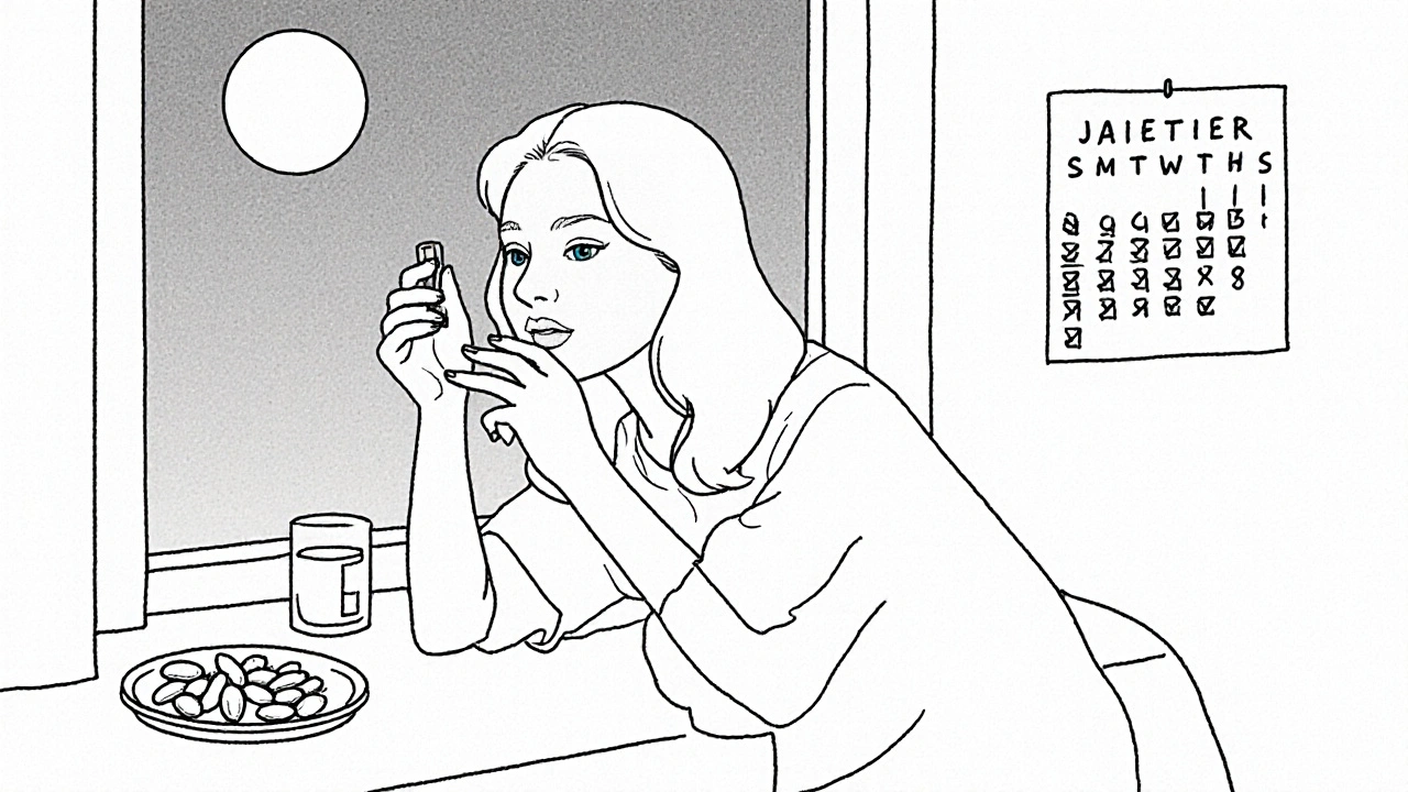 Žena aplikující nehtový olej večer u okna s vodou a mandlí