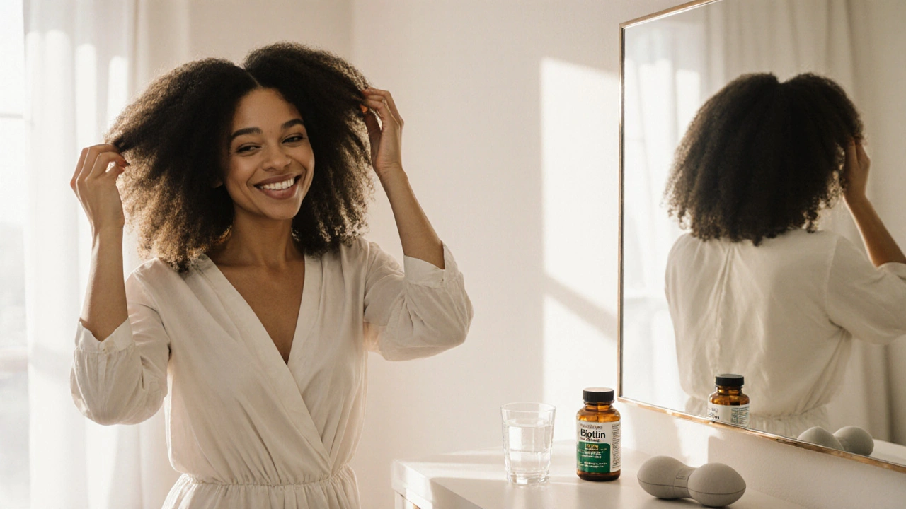 Žena s objemnými vlasy se usmívá do zrcadla, na nočním stole jsou doplněk a voda.