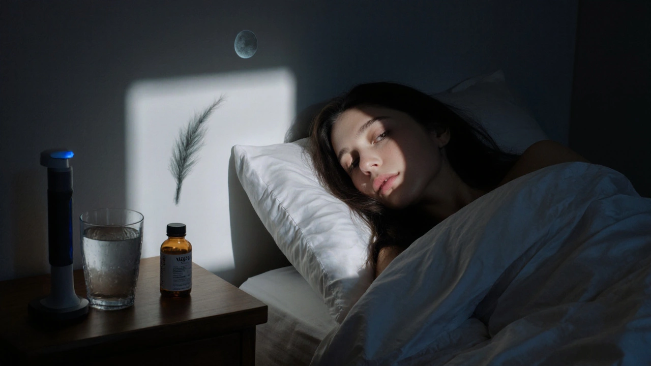 Žena spí v klidu s laserovou čepicí na nočním stolku a měsíčním světlem.