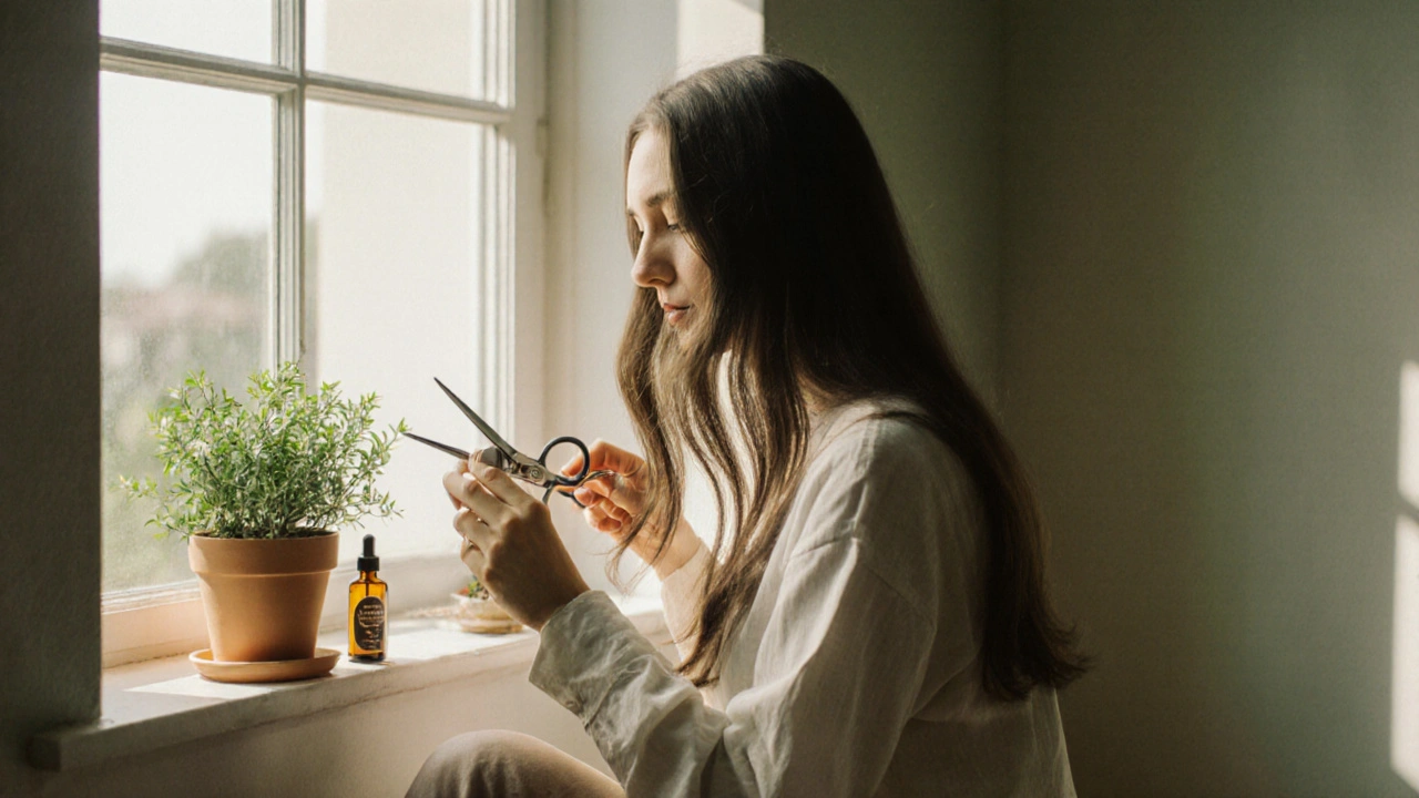 Žena stříhá poškozené končetiny vlasů při okně s přírodními péčovými produkty.