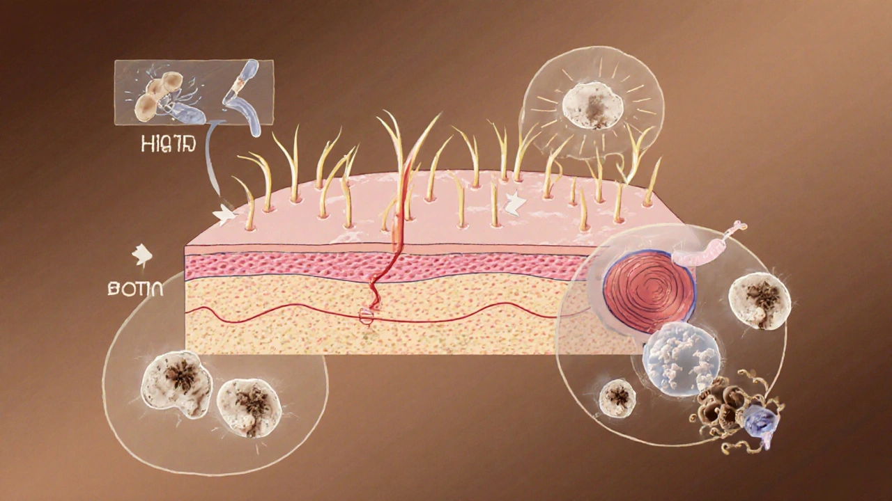 Zvětšený pohled na vlasové folikuly – zdravé a oslabené pod vlivem DHT.