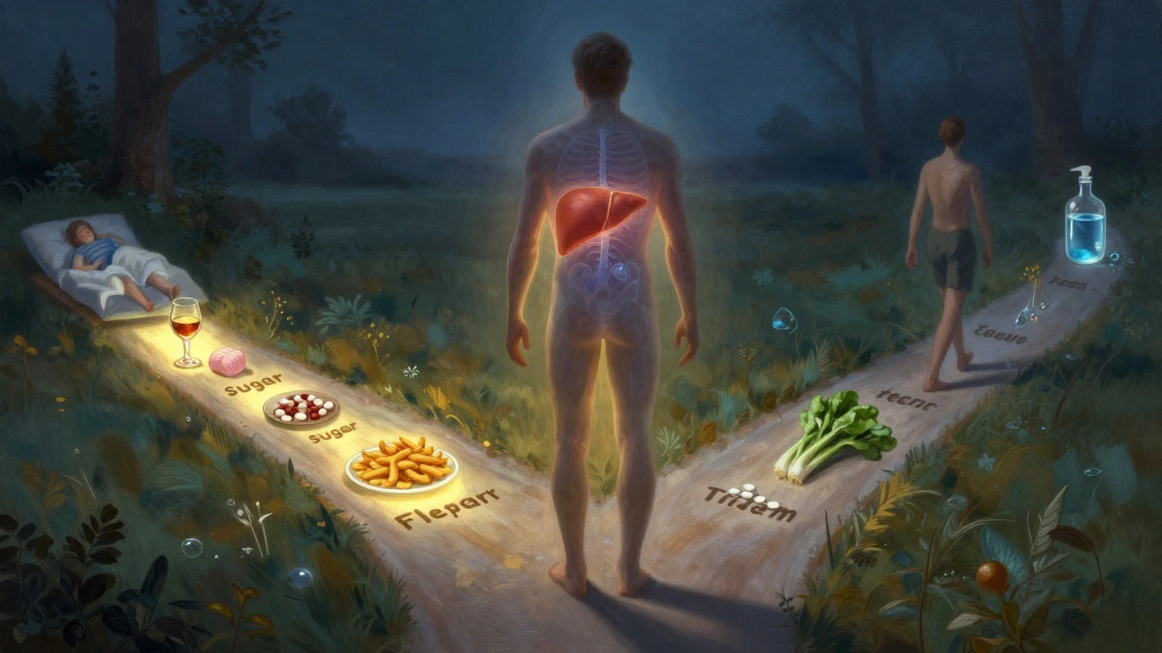 Člověk na rozcestí mezi škodlivými návyky a zdravým životním stylem s viditelným jaterem.