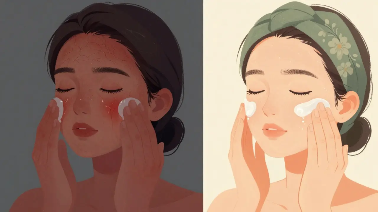 Dvě tváře: jedna podrážděná tonikem, druhá hydratovaná pleťovou vodou – kontrastní efekt.