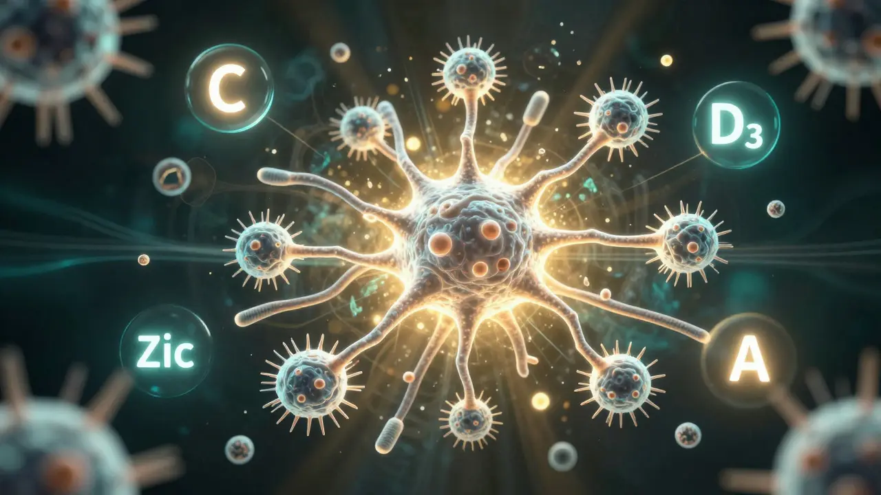 Glowing síť imunitních buněk obklopená vitamíny jako ochrannými štíty.