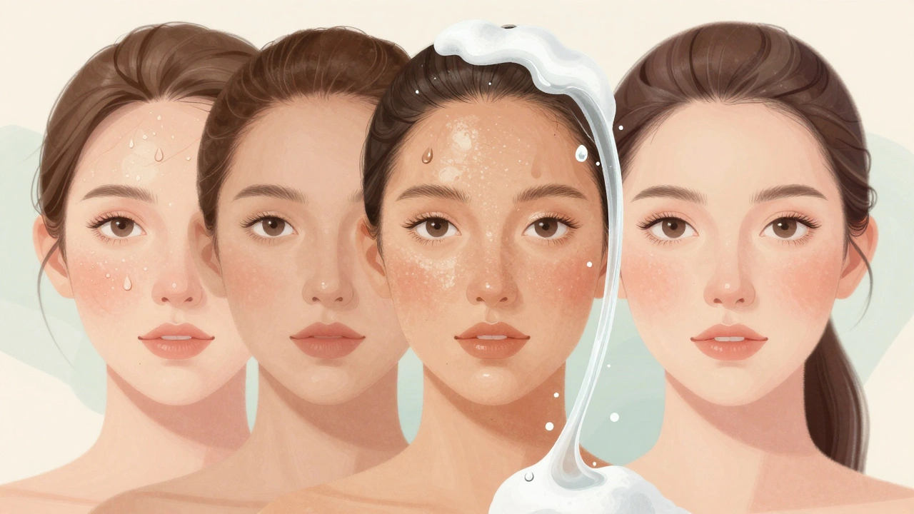 Ilustrace pěti typů pleti s vizuálními znaky: suchá, mastná, citlivá, kombinovaná a normální pleť.