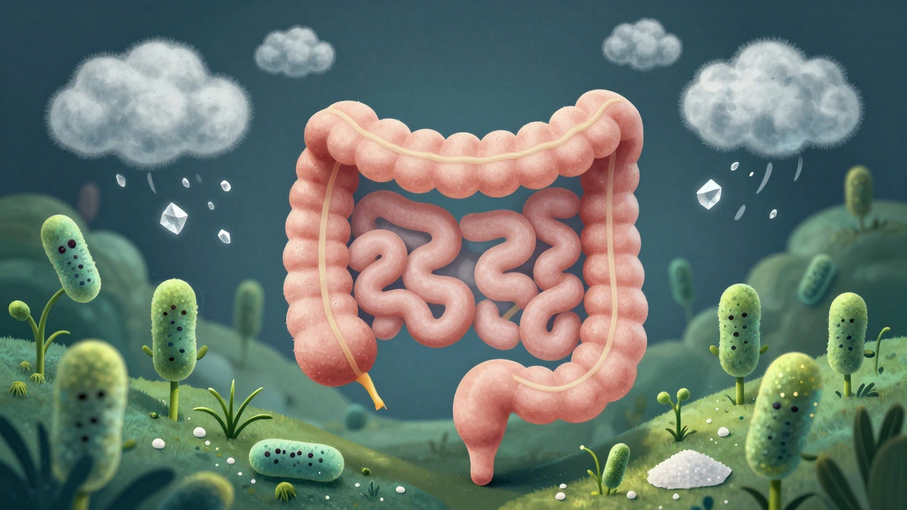 Ilustrace střeva jako zahrádky s přátelskými bakteriemi a odstraňováním negativních vlivů.