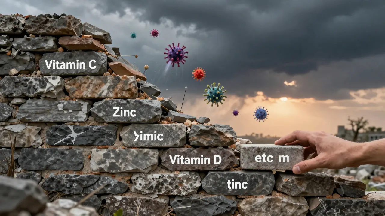 Kamenná zeď se obnovuje cihelkami s názvy vitamínů před přílivem virů.