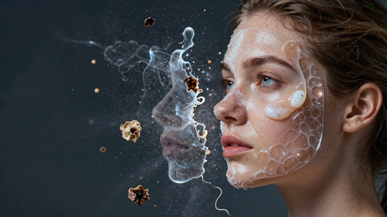 Koncepční obrázek pleti s průhlednou ochrannou vrstvou, která se rozpadá nebo se udržuje při čištění.