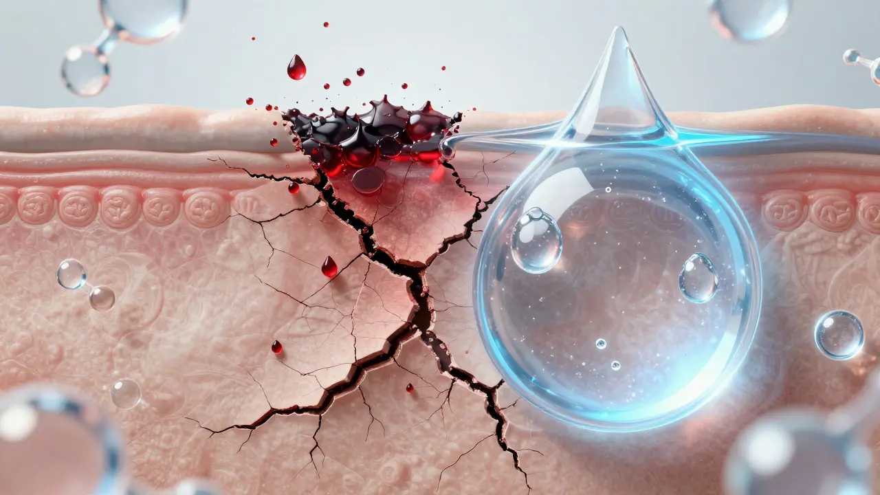 Konceptuální znázornění ochranné bariéry kůže: jedna strana poškozená, druhá hydratovaná.