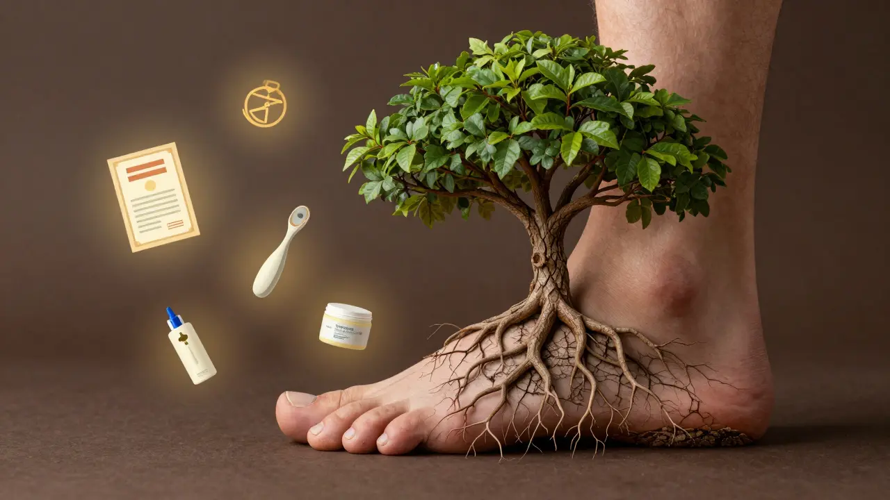 Konečná noha jako strom — zdravá kůže jako kůra, nehty jako listy, symbolizující péči a prevenci.