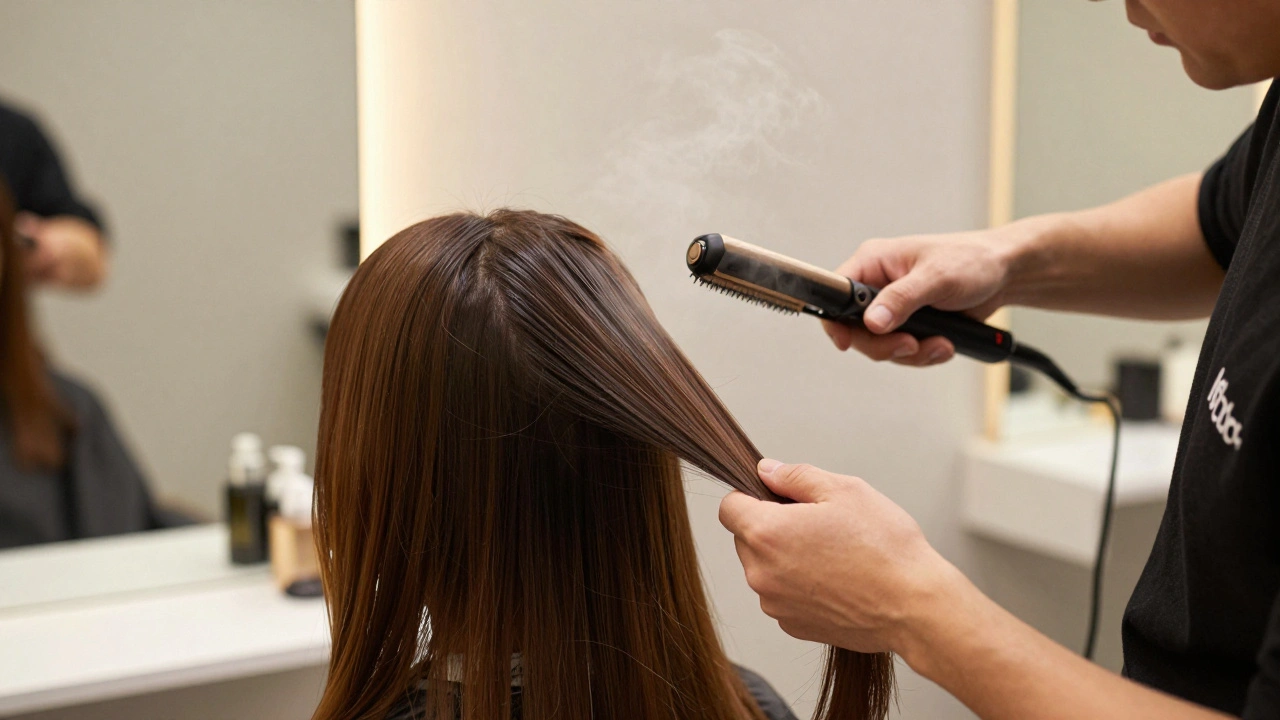 Kosmetička aplikuje keratinovou úpravu na vlasy a vyhlazuje je žehličkou ve škope.