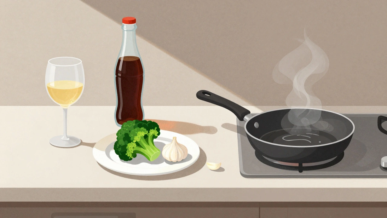 Kuchyňský stůl s vínom, limonádou, smažením a čerstvou zeleninou jako symbol volby.