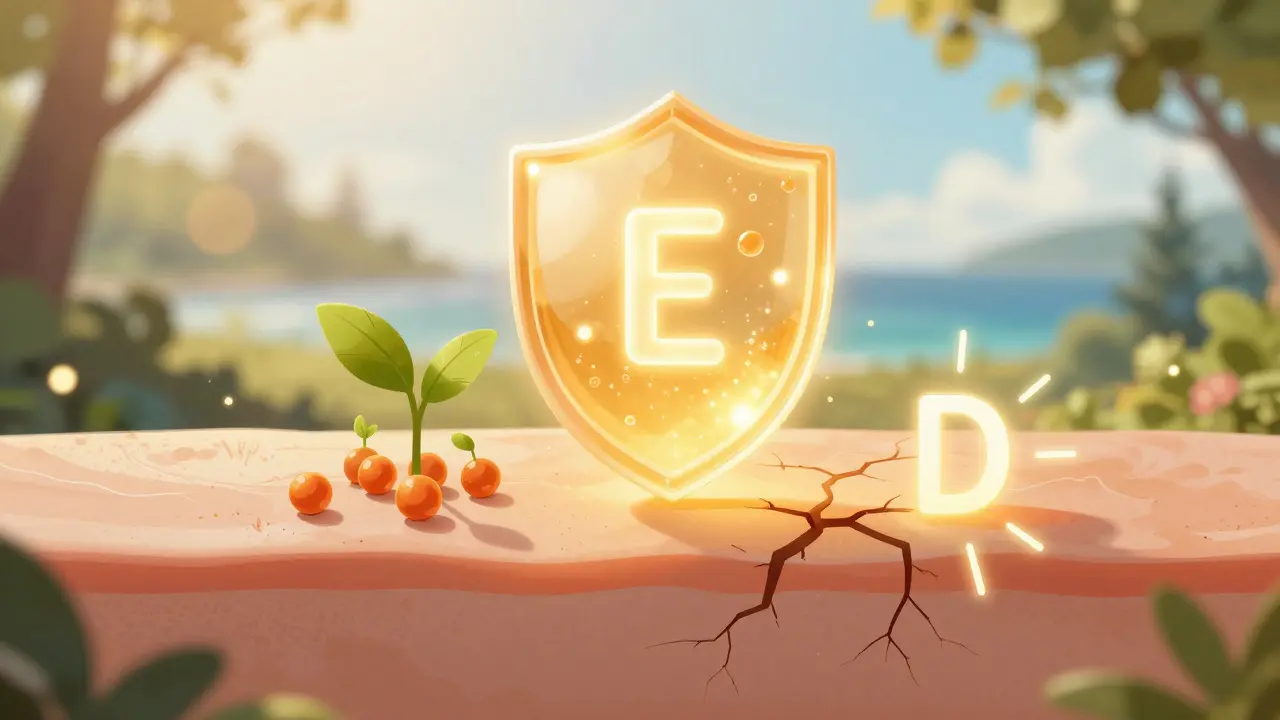 Kůže jako krajina osvětlená zlatým světlem, kde vitamíny tvoří ochranný štít a obnovují buňky.