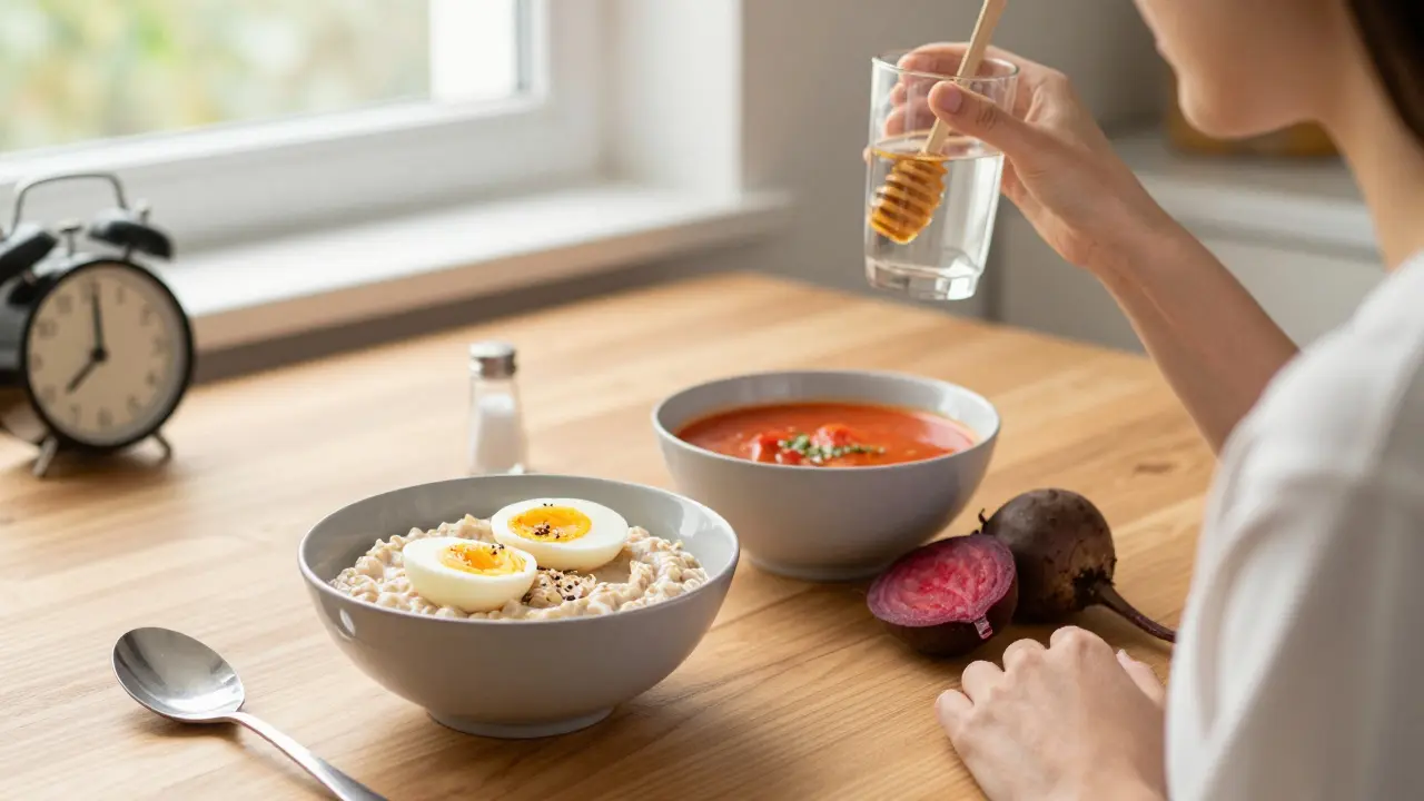 Nádobí s jídlem pro detoxikaci po alkoholu: ovesná kaše, vejce, rajčatová polévka a řepa.
