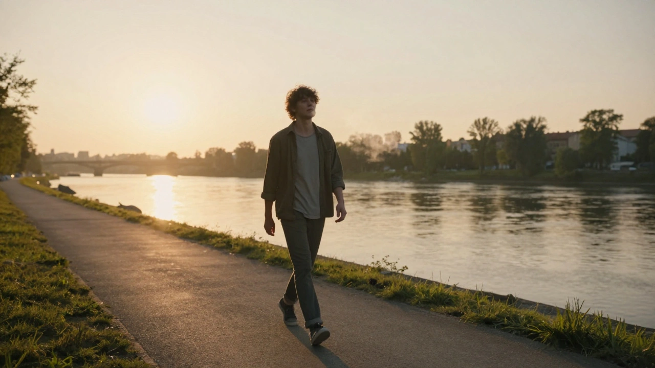 Osoba prochází po nábřeží v Brně při východu slunce, její dech se postupně vyčišťuje.