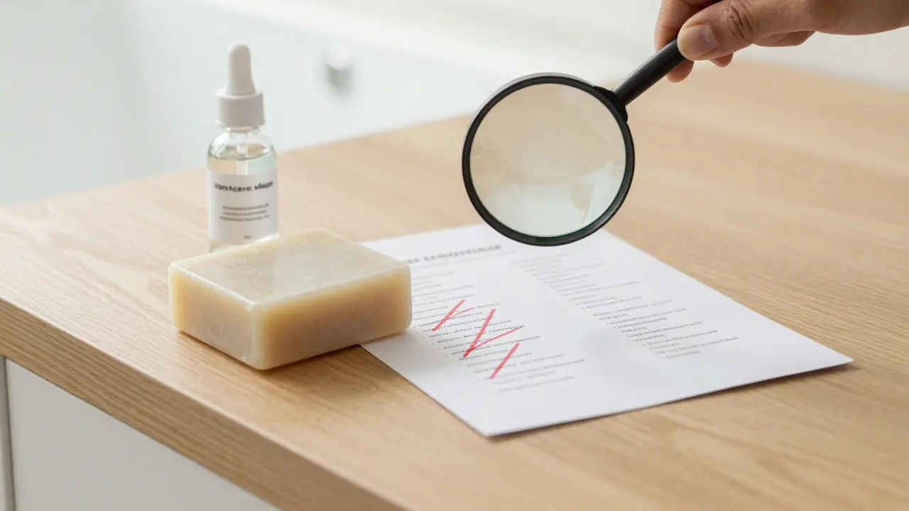 Pevný šampon a ocet na dřevěné desce s lupou nad seznamem složek.