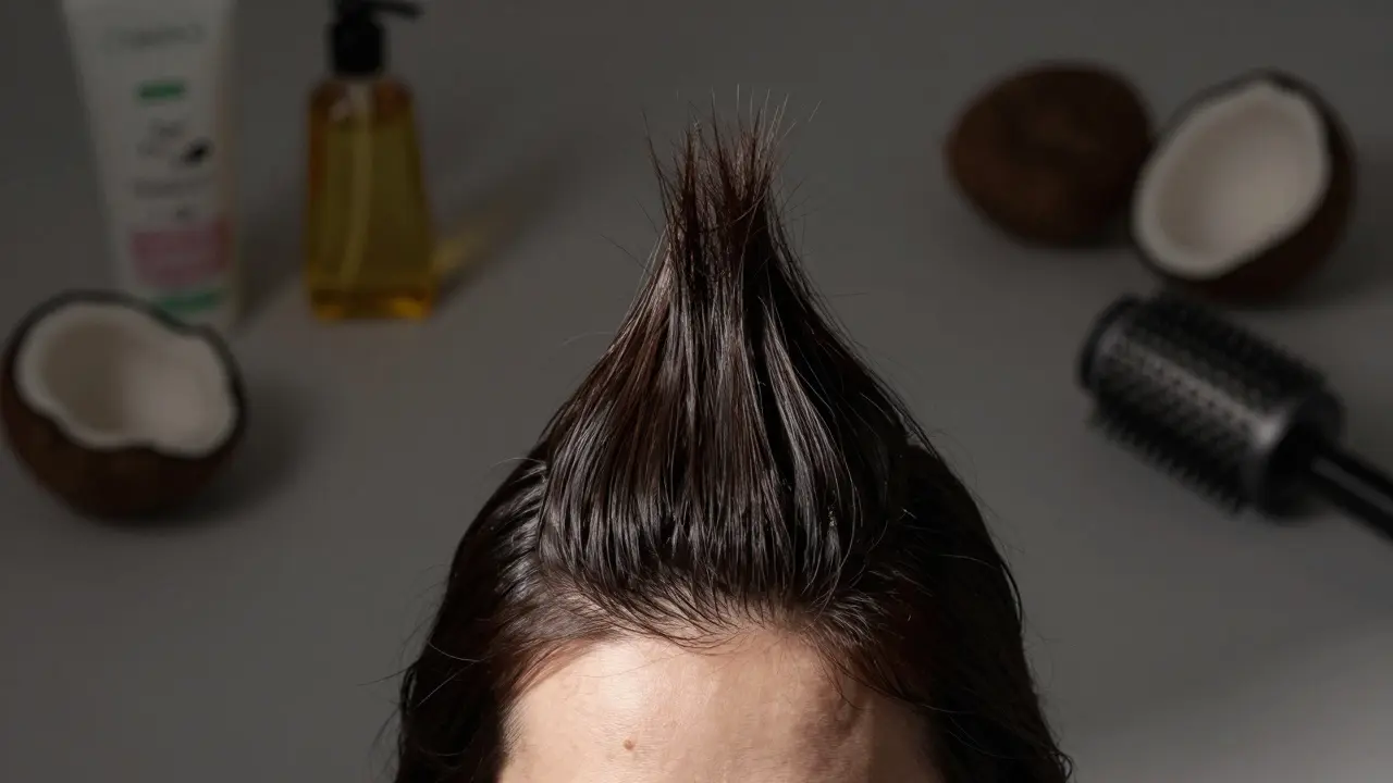 Pohled shora na vlasovou kůži s objemnými kořeny, kolem znečištěné produkty.