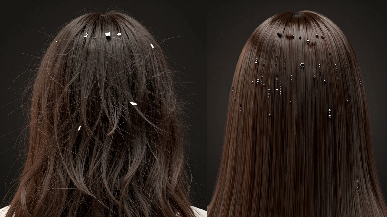 Porovnání poškozených a opravených vlasů s viditelným naplněním keratinem ve vlákně.
