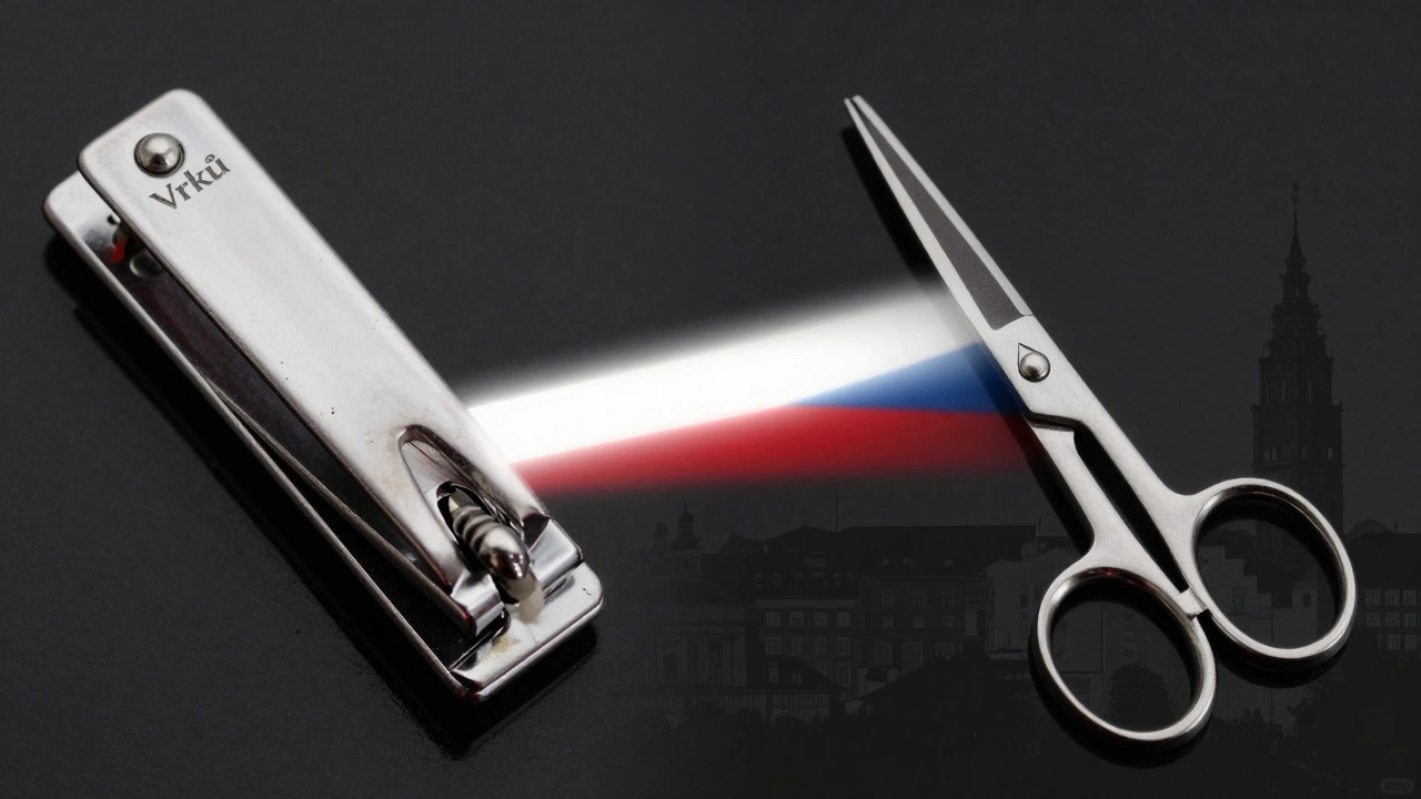 Porovnání pravého a falešného Vrků nástroje s českou vlajkou jako symbolem pravdy.
