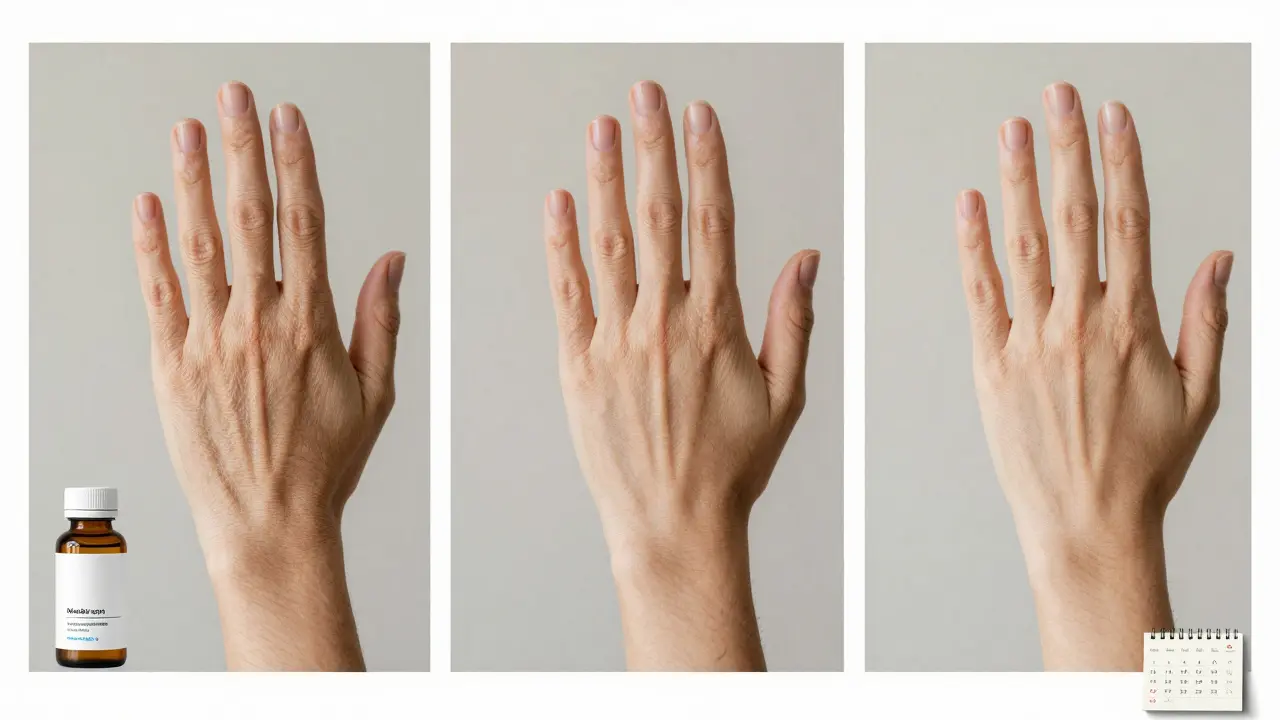 Postupná změna pokožky ruky během 8 až 12 týdnů užívání kolagenu.