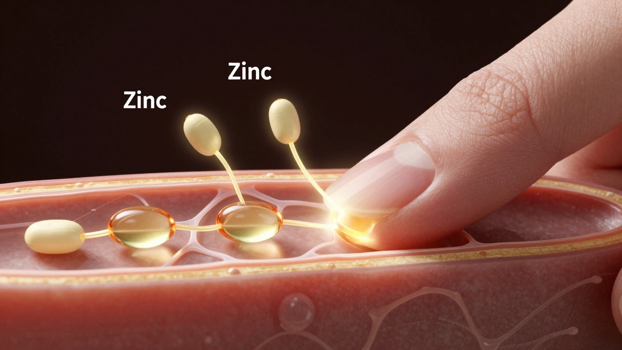 Průřez nehtu ukazující výživové látky proudící do nehtové matice.