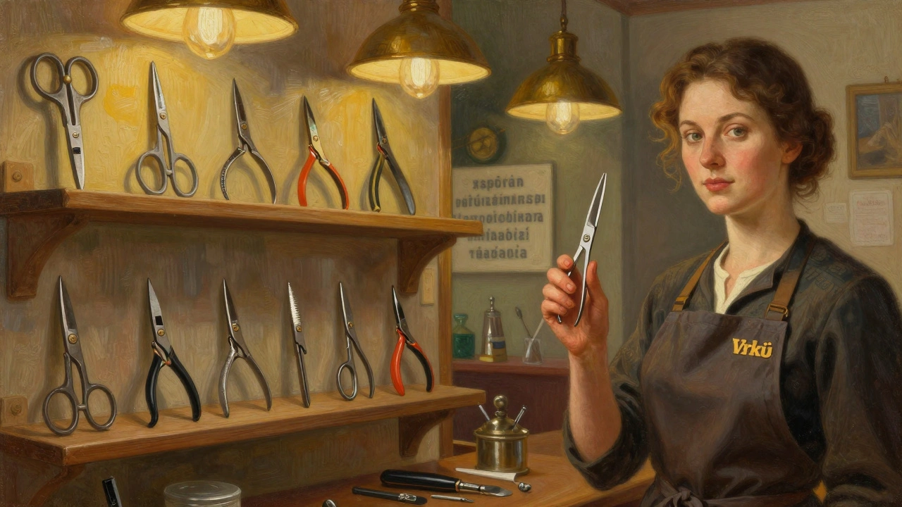 Regály v českém salónu s autentickými nástroji Vrků pod teplým osvětlením.