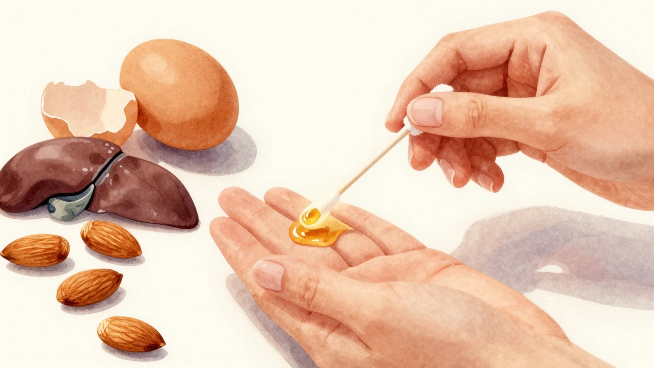 Ruka aplikující kastorový olej na nehty vatovým tamponem s potravinami bohatými na biotin.