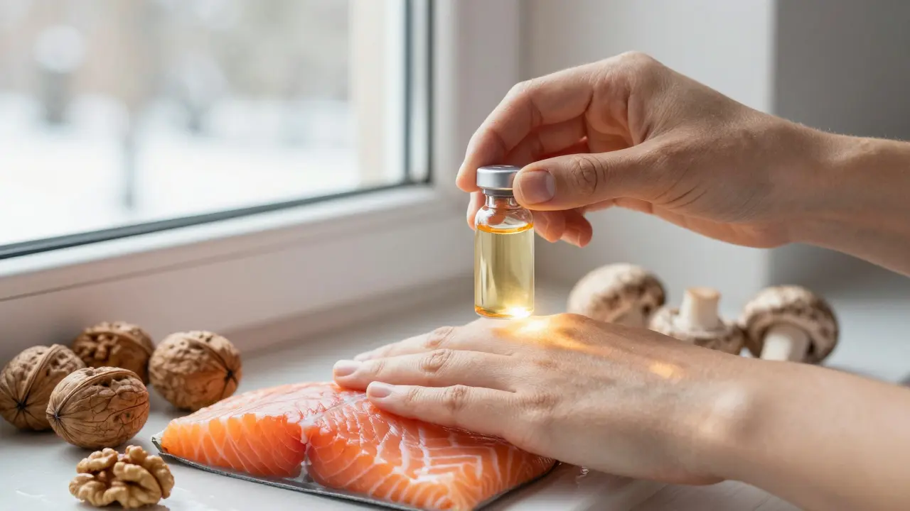 Ruka drží doplněk vitamínu D vedle okna s zimním sluncem, kolem ní ořechy, losos a houby.