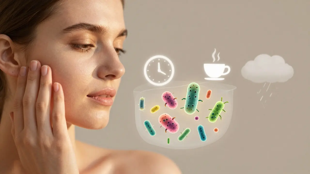 Rukou se dotýká jemné, zdravé pleti, zatímco mikrobiom pleti kvete jako zahrada.