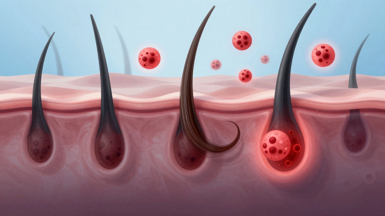 Schematický pohled na zadrhnutý vlas pod kůží a reakci těla.