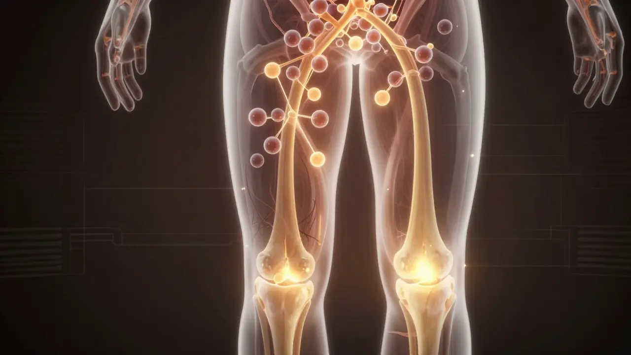 Tělo s viditelnými molekulami kolagenu, které cestují k pokožce, vlasům a kloubům.