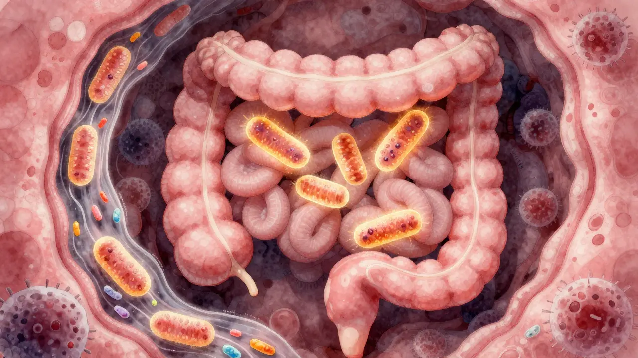 Umělý náčrt střev s živými laktobacily zářícími zlatou barvou a škodlivými bakteriemi, které ustupují.