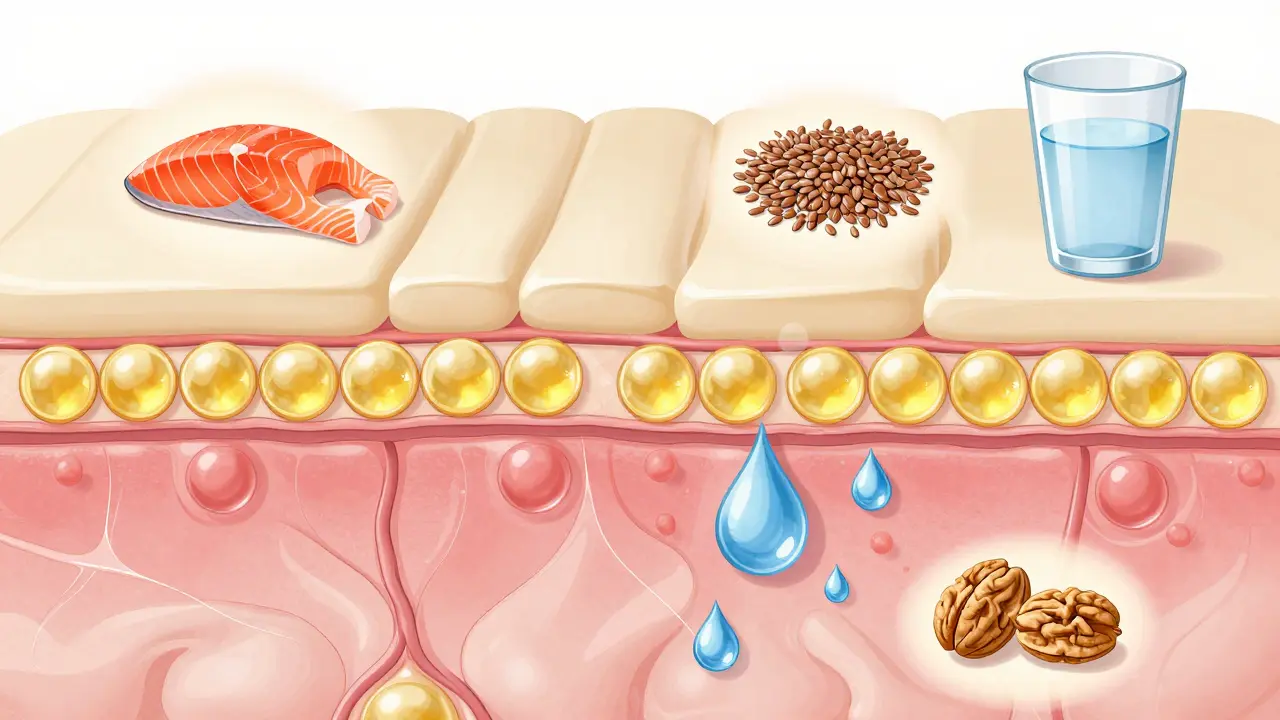 Uvnitř kůže: ceramidy a vlhkost udržují zdravou bariéru, doprovázená potravinami bohatými na omega-3.
