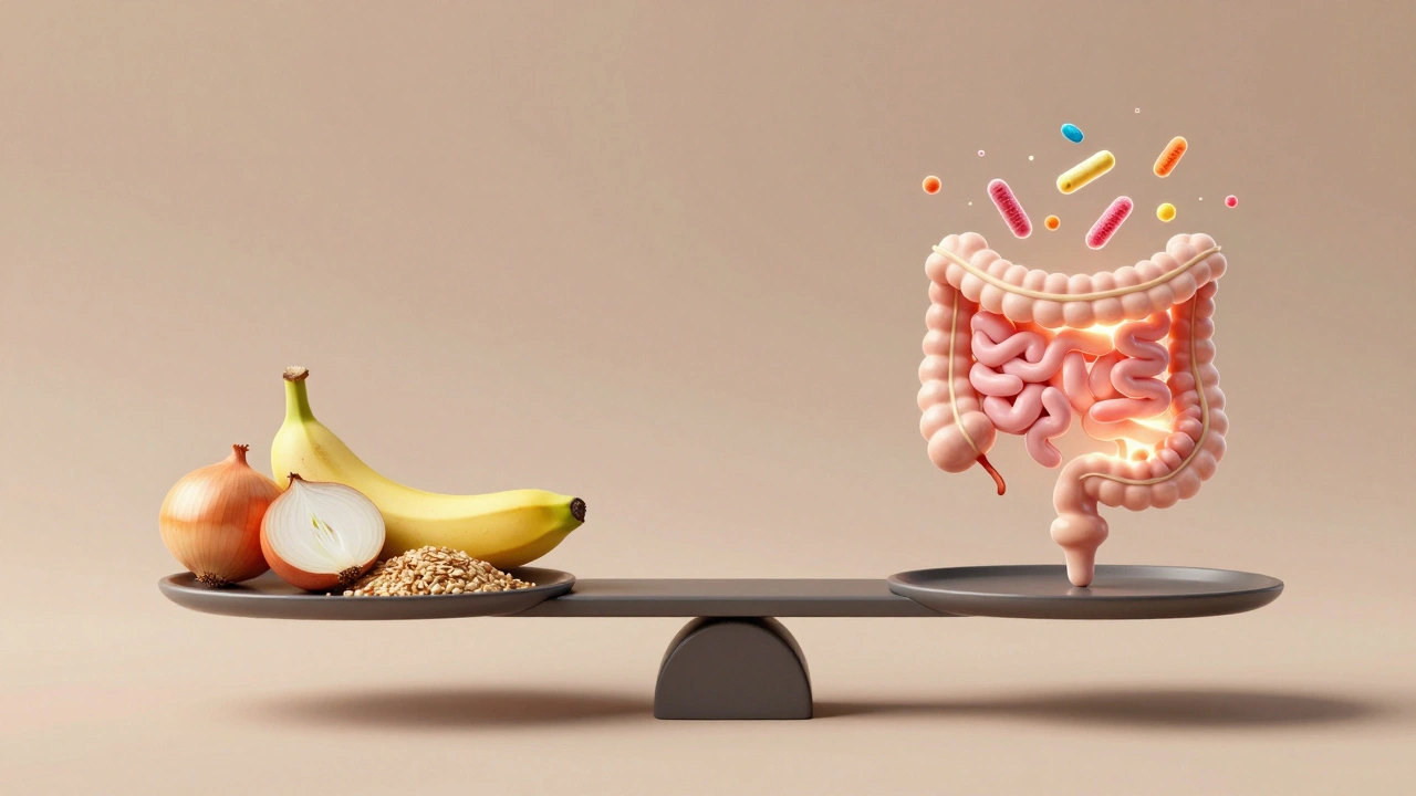 Váha s probiotiky a prebiotiky na jedné straně a zdravou mikroflórou na druhé.