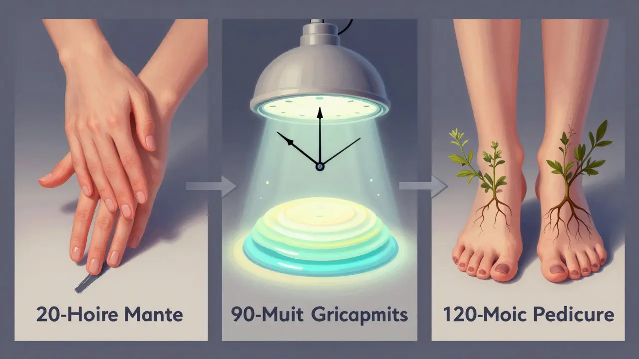 Vizualizace časových rozsahů manikúry a pedikúry v třech scénách.