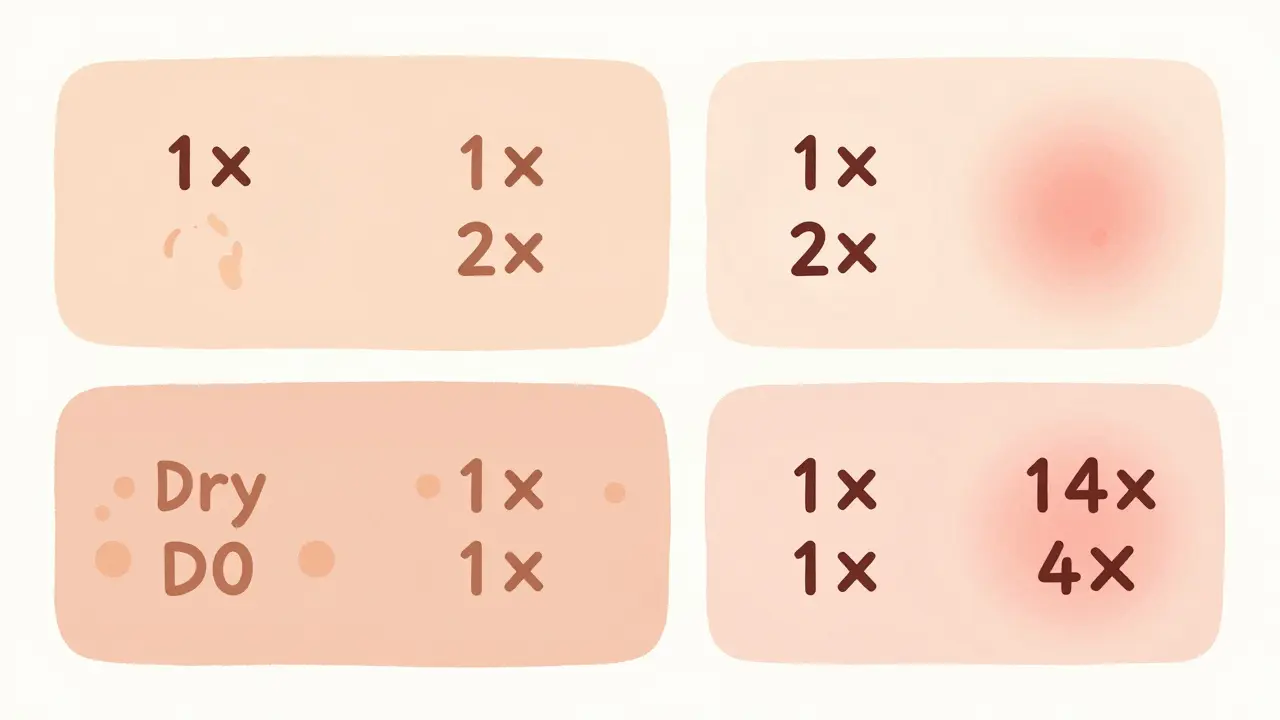 Vizualizace čtyř typů pleti s doporučenou frekvencí peelingování.