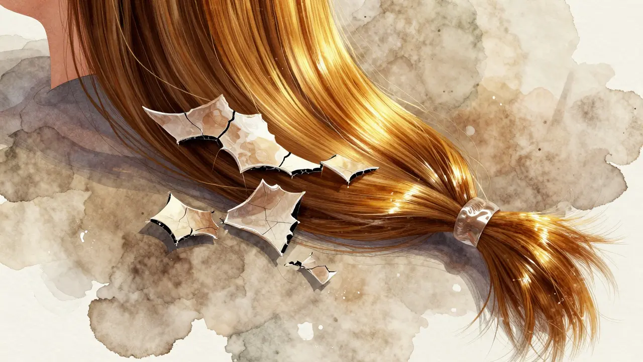 Vlasy přecházejí z plastově lesklých do přirozeně zdravých, osvětlené sluncem.