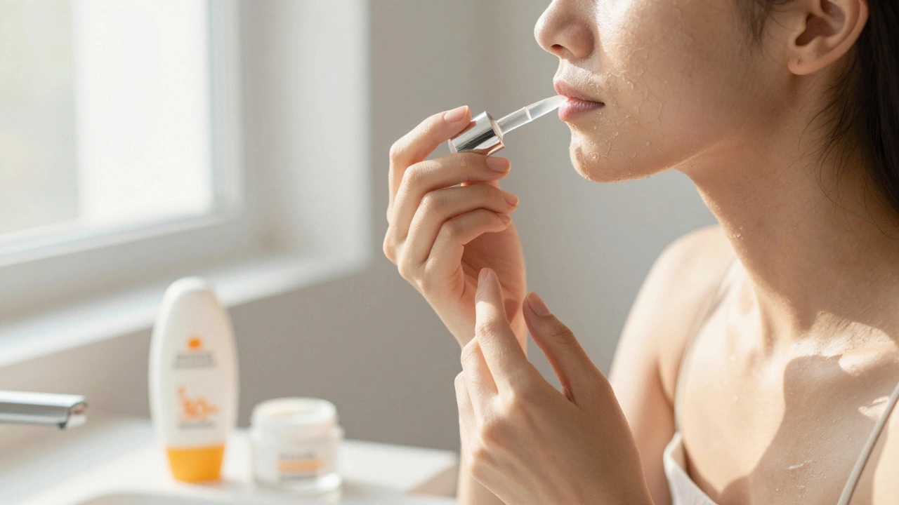 Žena aplikuje hydratační krém po peelingu, slunce osvětluje její kůži.