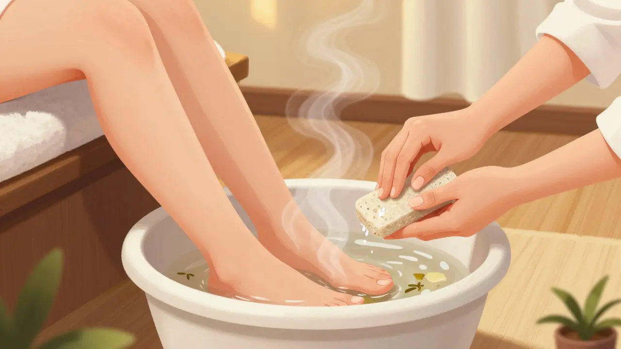 Žena má nohy v teplé koupeli, specialistka jí odstraňuje ztlustlou kůži.