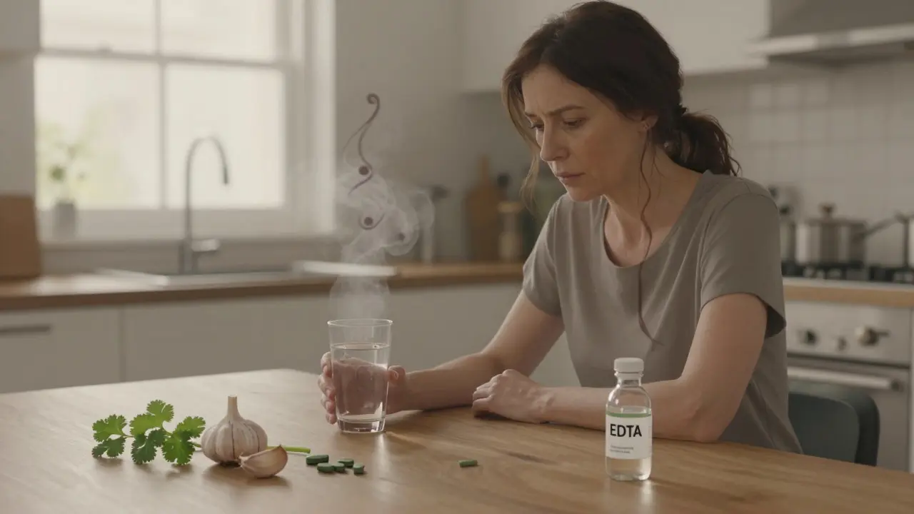 Žena u stolu s přírodními detoxikačními látkami a filtrem na vodu