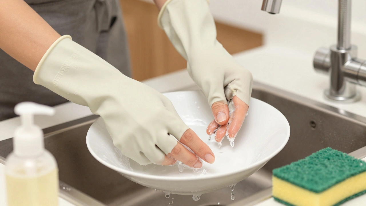 Žena v rukavicích myje nádobí, na nehtech je lehce poškozený Shellac.