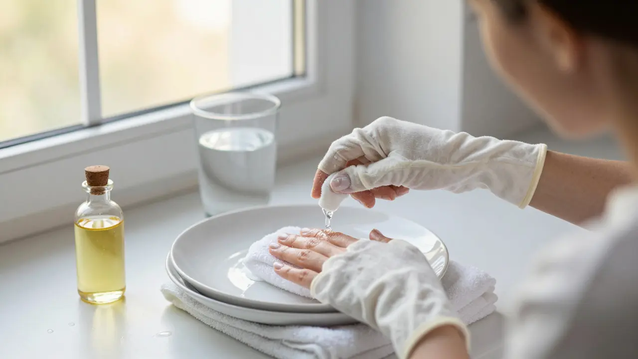 Žena v rukavicích myje nádobí, olej a voda na stole.