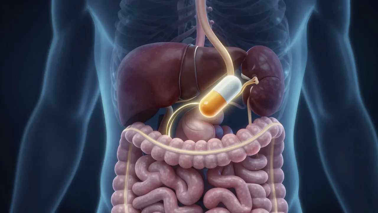 Abstraktní znázornění cesty vitamínu D3 skrz tělo k aktivaci.