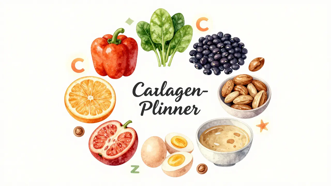 Barvivá sada potravin podporujících výrobu kolagenu v kruhu.