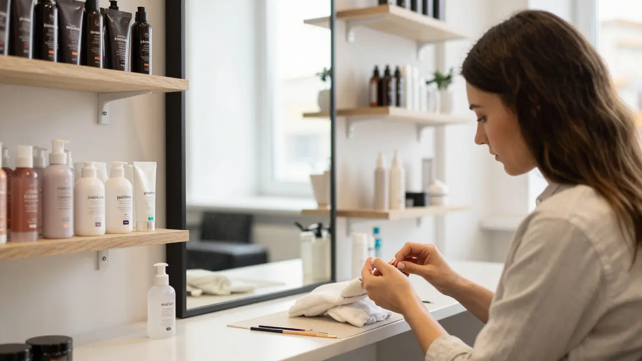 Beauty stylist performing manicure in a modern salon with correctly labeled products.