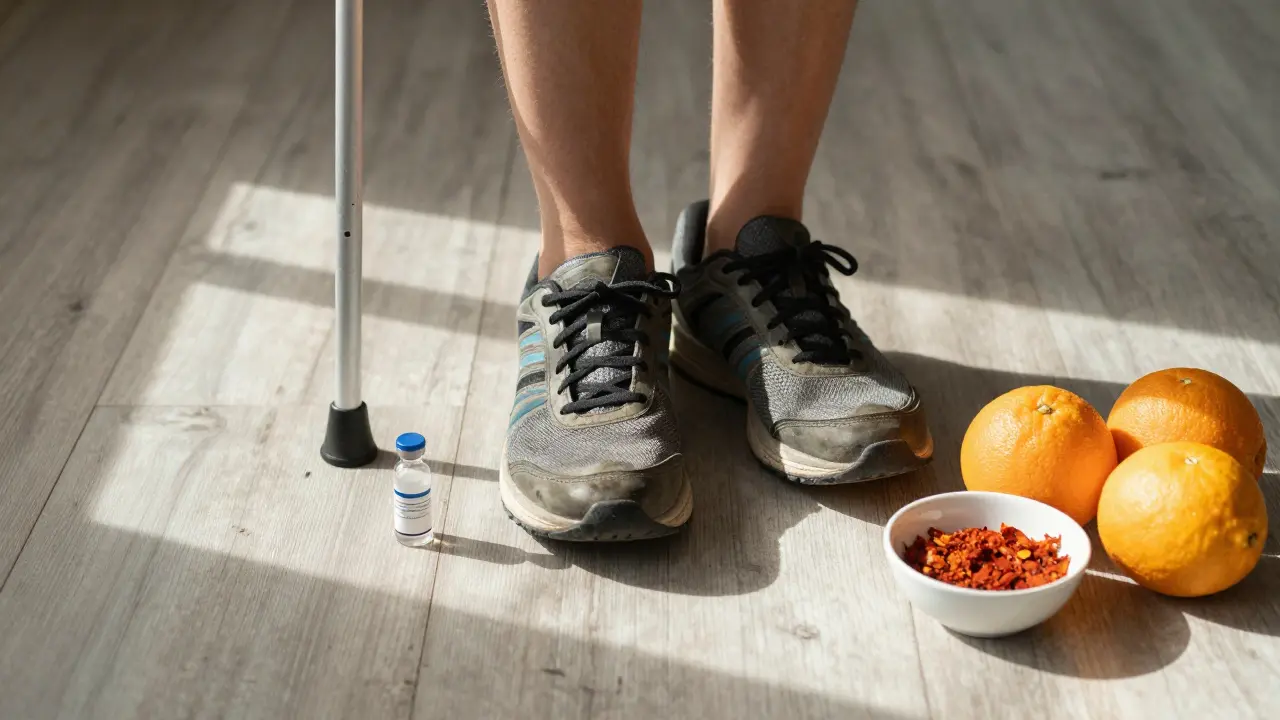 Běžecké boty, hůlka, injekce a citrusy symbolizují obnovu kloubů.