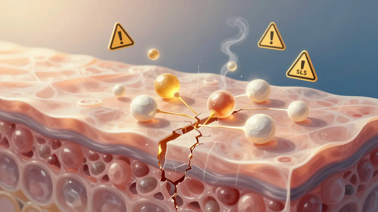 Fragilní bariéra pokožky opravovaná ceramidy a niacinamidem, zatímco dráždivé látky odcházejí.