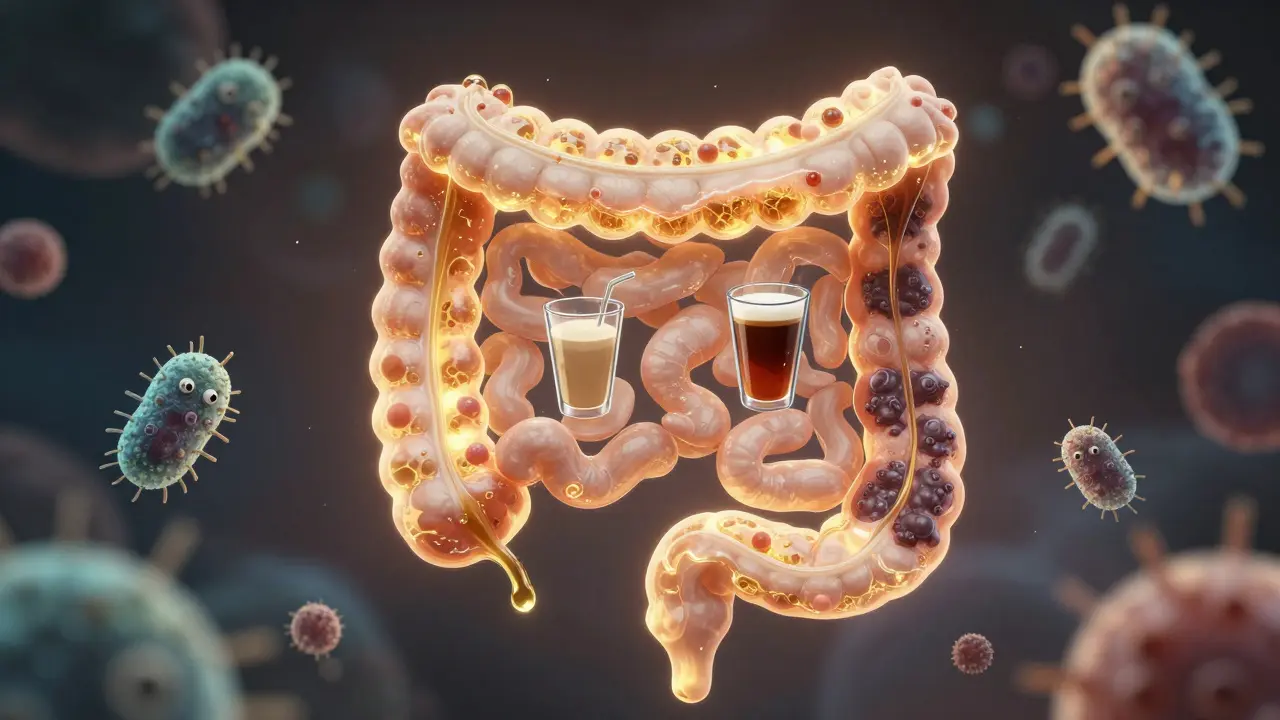 Glowing intestines s vstřebávajícími elektrolyty, probiotika jako ochránci, špatné nápoje zablokované.