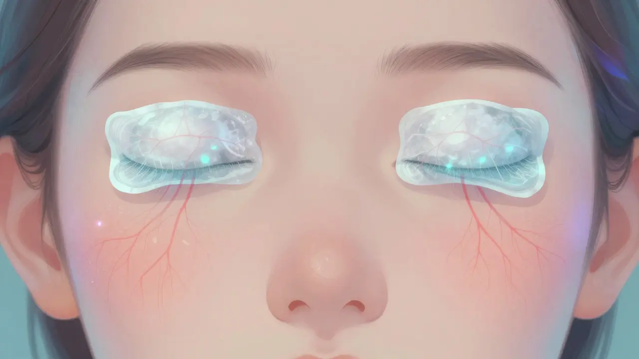 Ilustrace obličeje s chladícími body a viditelným zúžením cév pod kůží.