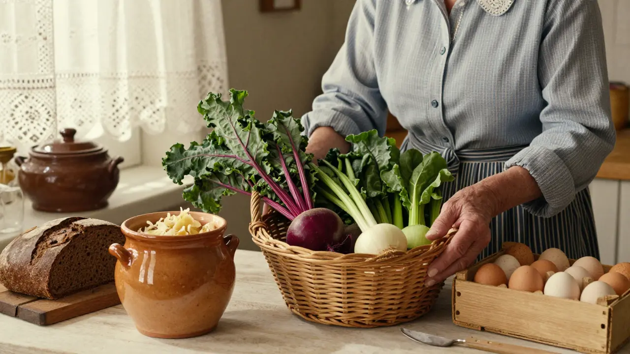 Klasická česká kuchyně s čerstvou zeleninou, kvaseným zelím a domácími vajíčky v roztomilém prostředí.